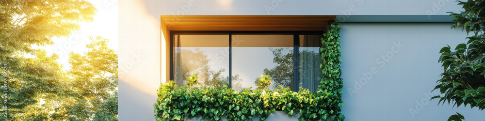 Fototapeta premium Modern Home Facade with Greenery: A contemporary architectural masterpiece showcases the beauty of natural integration. Vines gracefully cascade down the exterior wall.