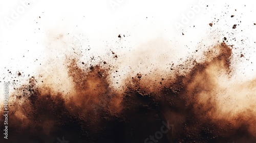 Brown powder explosion against a white background.  A dramatic, high-energy image showcasing a cloud of dispersed particles