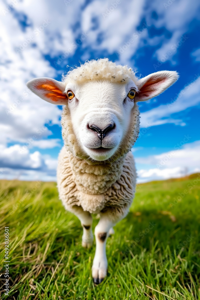Fototapeta premium A sheep standing on top of a lush green field