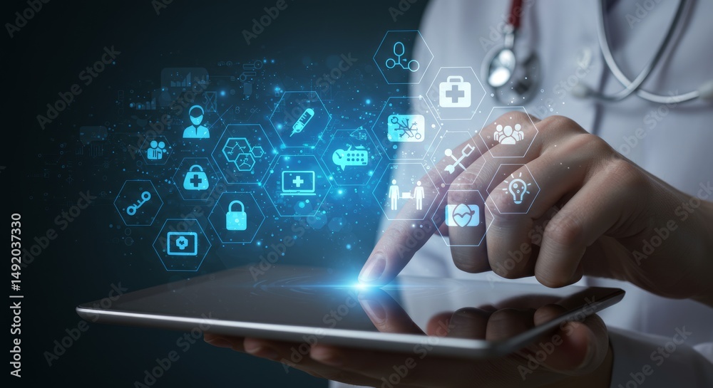 custom made wallpaper toronto digitalDoctor using digital tablet with health icons