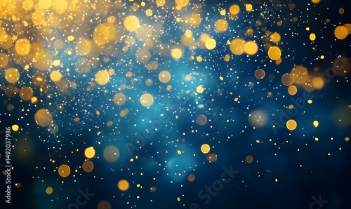 golden confetti falling on blurred blue background