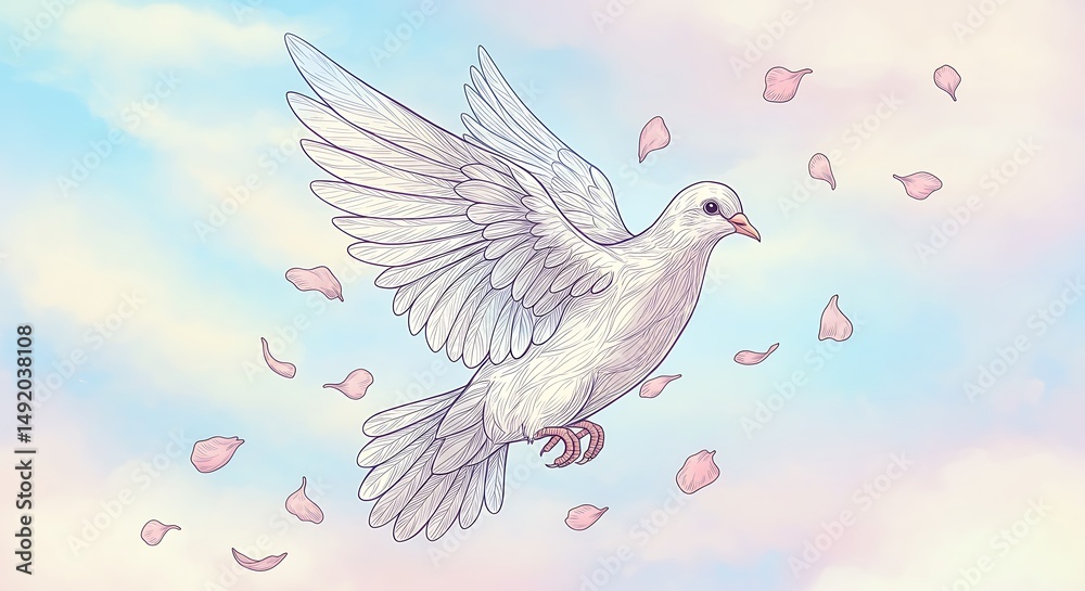 Fototapeta premium White dove flying in pastel sky
