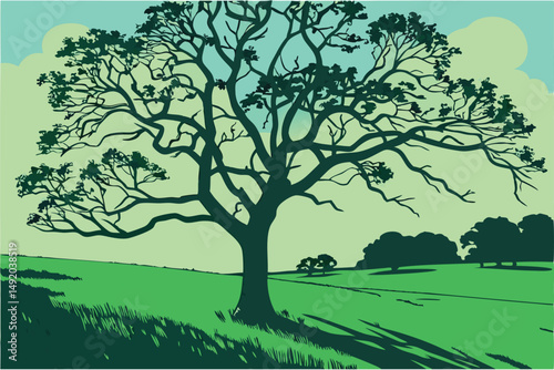 35 money tree, lush green field, bright blue sky, wispy clouds, light shining through branches, surreal, photorealistic, highly detailed