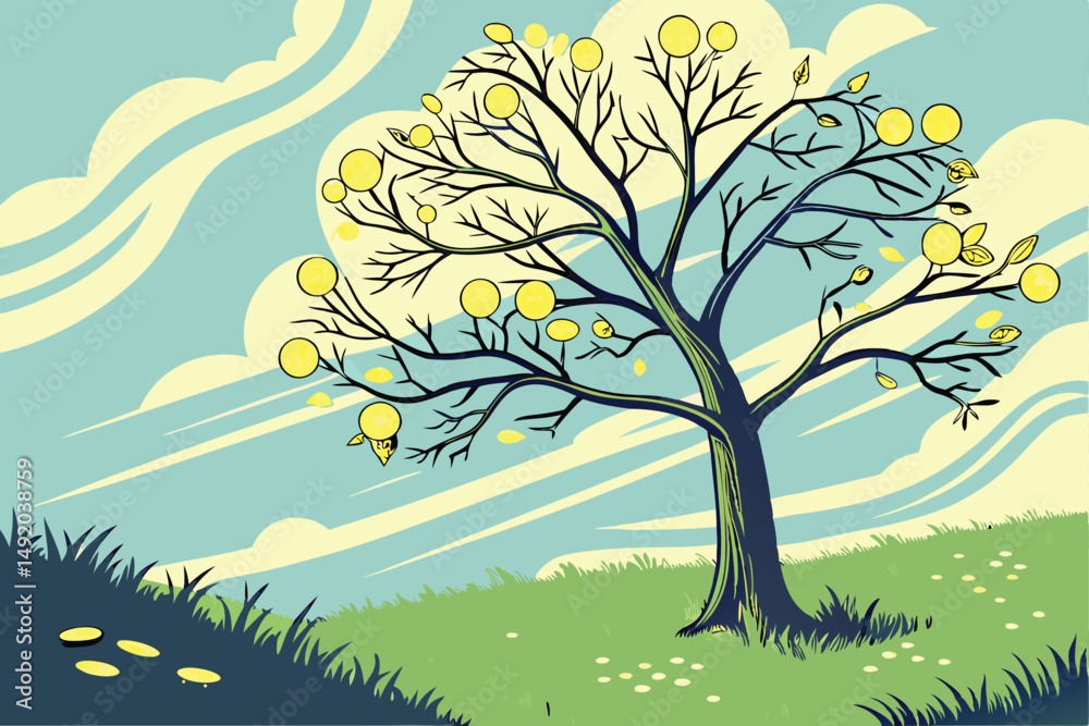 Obraz premium 35 money tree, lush green field, bright blue sky, wispy clouds, light shining through branches, surreal, photorealistic, highly detailed