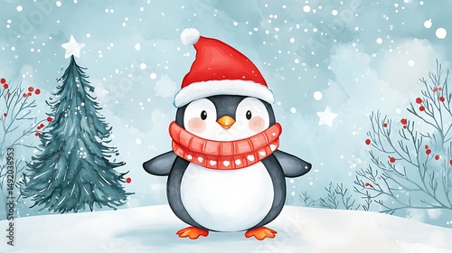 Cute penguin in winter wonderland