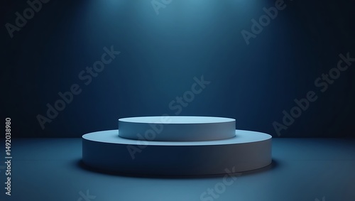 Elegant Two-Tiered Pedestal Stage Mockup with Blue Background Lighting for Product Presentation