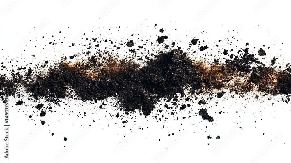 Fototapeta premium A burst of dark and light brown soil, scattered against a stark white background, showcasing texture and contrast