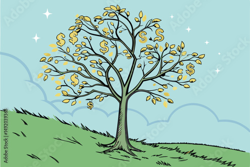 35 money tree, lush green field, bright blue sky, wispy clouds, light shining through branches, surreal, photorealistic, highly detailed