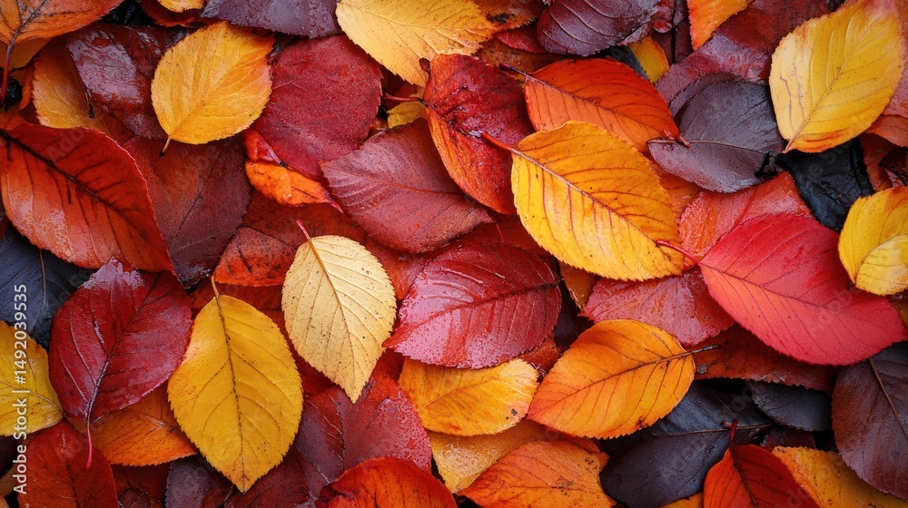 Fototapeta premium Autumn leaves ground cover, vibrant fall colors, wet foliage, outdoor background, seasonal design