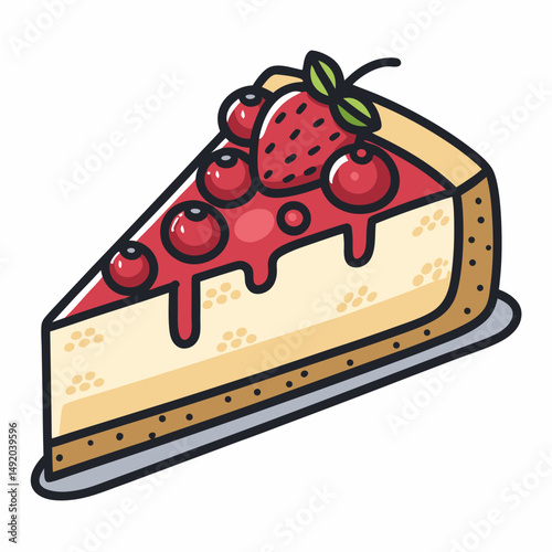 Create a bold, vector illustration of a delicious cheesecake slice, emphasizing thick, contrasting outlines.  Include realistic texture and creamy detail.