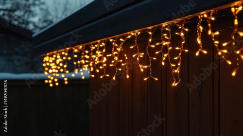 Warm yellow string lights hang from a dark wooden shed roof at night, casting a soft glow against the snowy background.