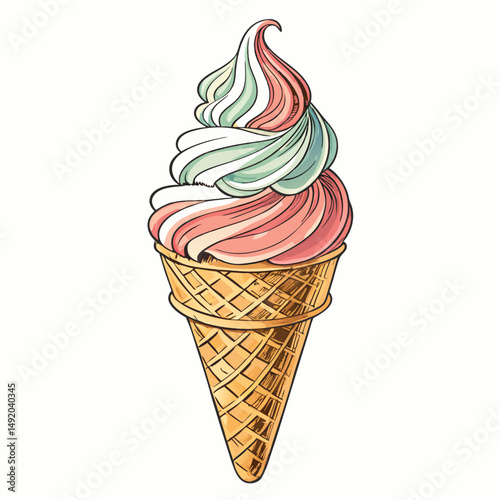 Create a bold, vector illustration of a soft-serve ice cream cone with a thick outline, emphasizing texture and volume.