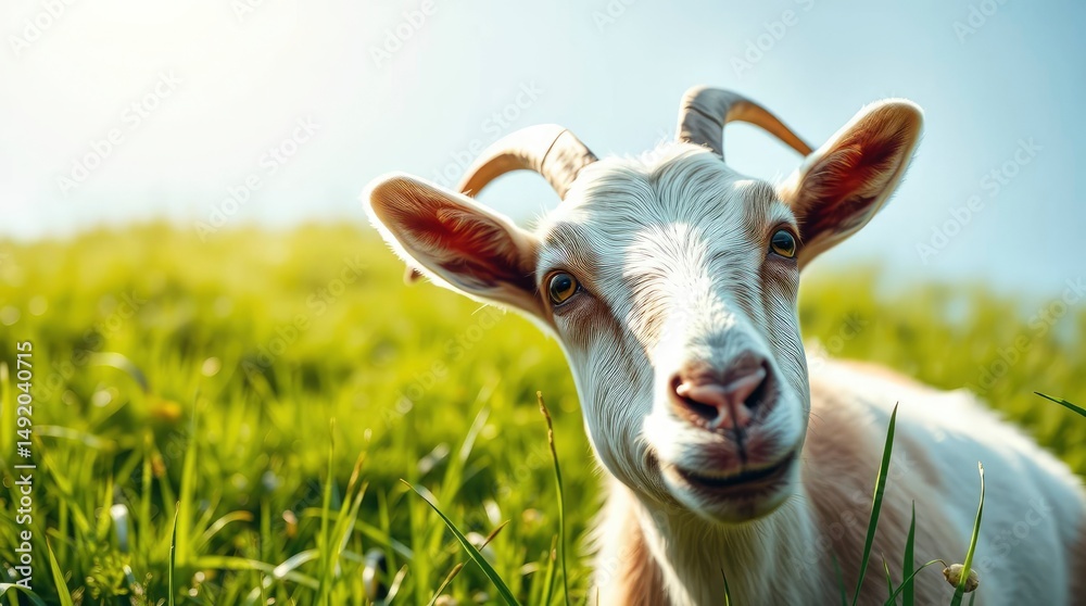 Obraz premium A curious goat grazes peacefully in a vibrant green meadow under a bright, clear sky at daytime