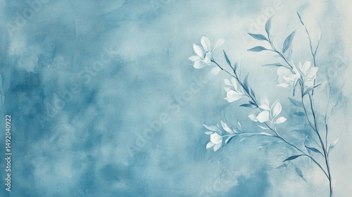 Watercolor painting of delicate white flowers on a branch against a blue textured background.