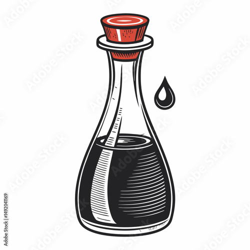 Create a bold, vector illustration of a soy sauce bottle with a thick, dark outline.  Include realistic details and a clean, modern style.