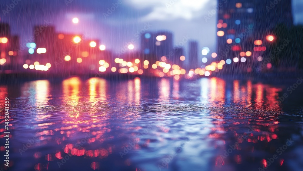 Obraz premium Rainy city night lights reflected in puddles