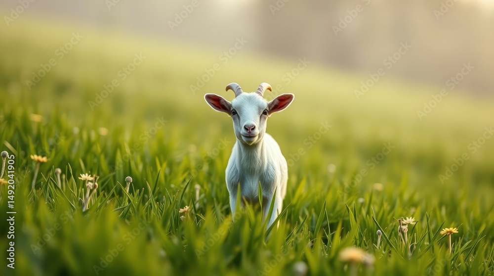 Fototapeta premium A curious young goat gazes directly forward, standing amidst a verdant green field under soft light.