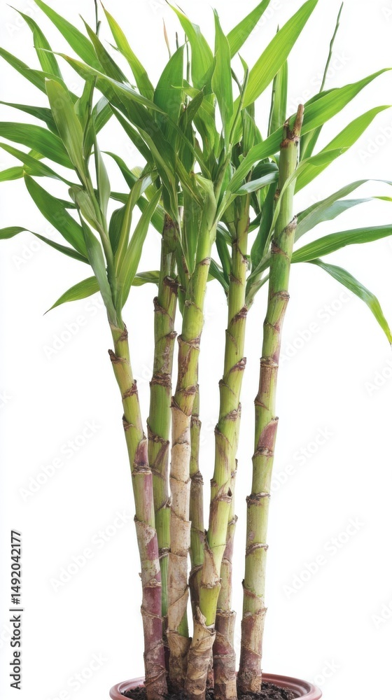 Obraz premium Indoor Bamboo Plant Growing Tall in Brown Pot on White Background Studio Shot Close Up Tropical