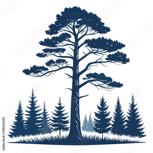 Create a bold vector illustration of a tall, majestic pine tree with thick, dark strokes.  Include detailed needles and textured bark.