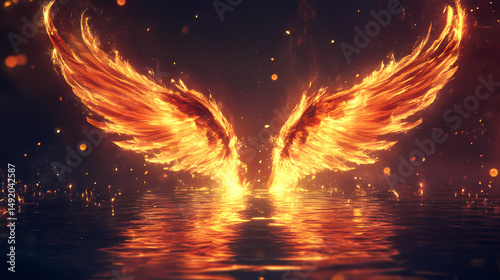 Fototapeta Naklejka Na Ścianę i Meble -  Pair of burning angel wings rising from water reflecting light particles. ethereal angel wings. illustration. [Inverted Nature] | Fire Garden | burning rose. Illustration