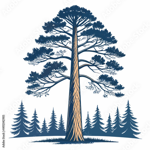 Create a vector illustration of a tall, bold-stroke pine tree, detailed needles, strong trunk, and a vibrant green color palette.