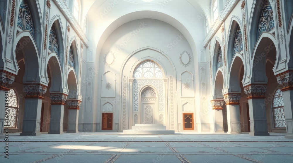 Fototapeta premium Interior of a grand hall with arches, columns, and decorated walls in light, airy atmosphere.