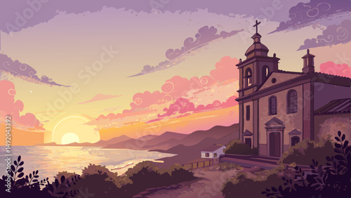 Watercolor sunset background in pink, purple, and gold, serene Virgen del Carmen celebration theme with calming ambiance and copy space