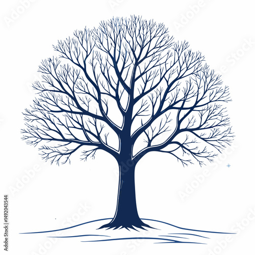 Create a vector illustration of a bold, black stroke outline of a bare, leafless tree, emphasizing strong branches and a gnarled trunk.