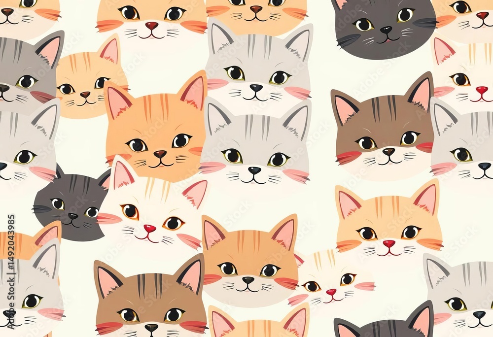 Fototapeta premium Adorable cat faces in a repeating seamless pattern, ideal for kids' fashion and home decor, vector, cat