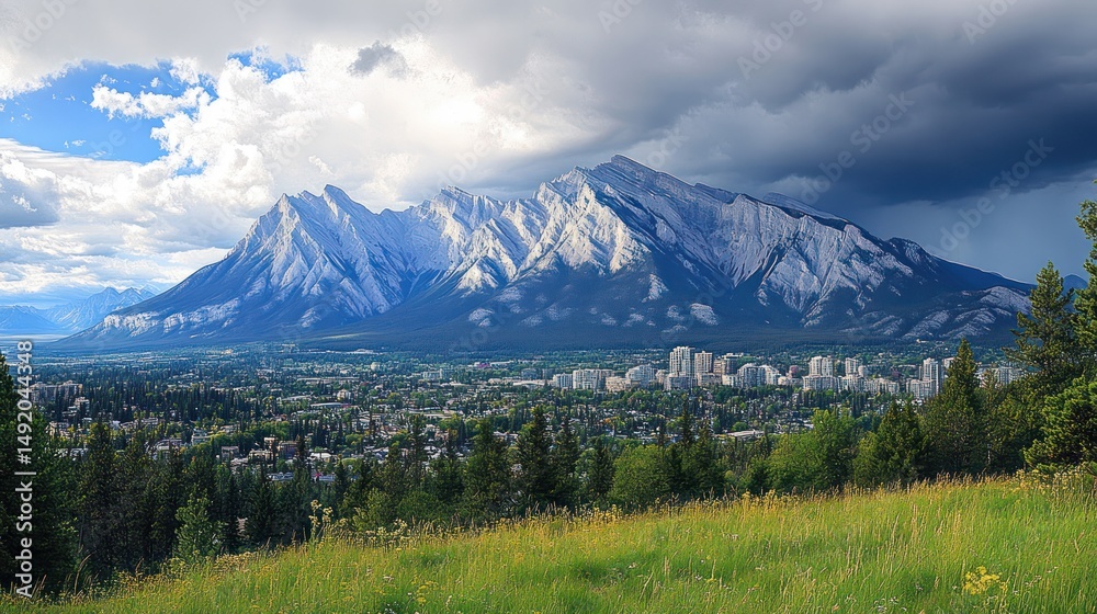 Fototapeta premium Mountain city panorama, storm clouds, grassy hilltop view