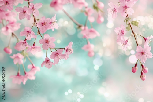 Soft pink cherry blossoms in full bloom, delicately hanging from slender branches against a dreamy pastel-toned abstract background. 