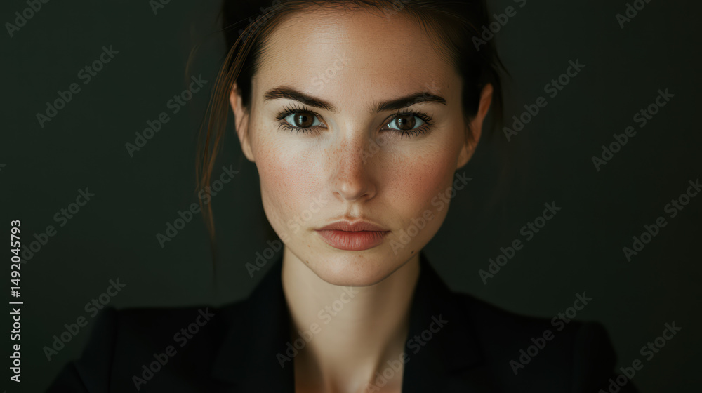 A stunning close-up portrait of a confident woman with a composed expression. A stunning close-up portrait of a confident woman with a composed expression.