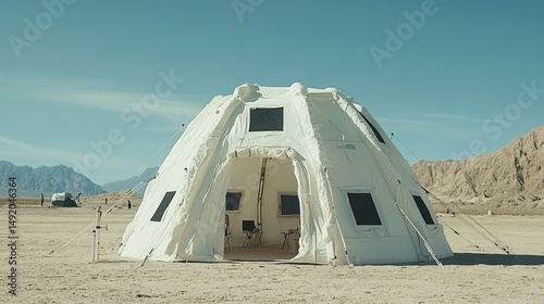 White geodesic dome tent in desert landscape.