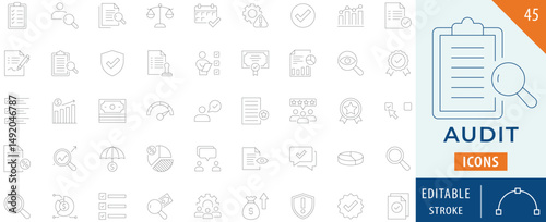 Audit collection icon set. Containing Inspecting, auditor, check, assessment, approved, compliance, and more. Editable stroke. 