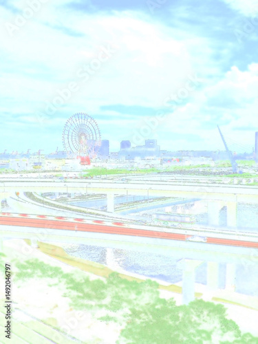 お台場の立体高速道路。イラスト風の写真。