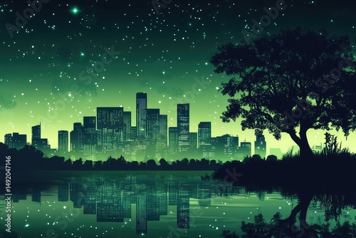 Nocturnal city reflected in a calm lake under a starlit sky