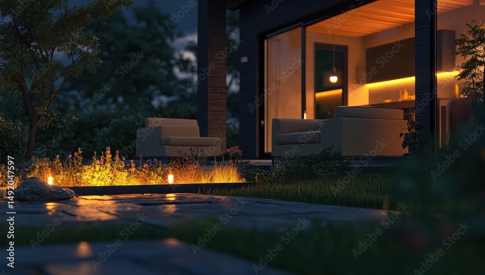 Modern home exterior at night, illuminated patio Modern home exterior at night, illuminated patio