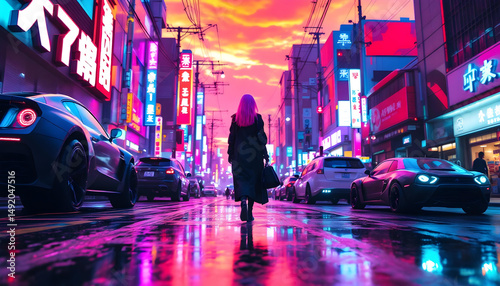 A city street melting like wax under a pink sky, people walking upside-down, modern surreal painting aesthetic, hyperrealistic texture photo