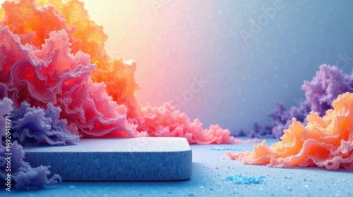 Pastel Dreamscape A Textured Display Platform Amidst Whimsical, Sculpted Clouds of Soft Hues
