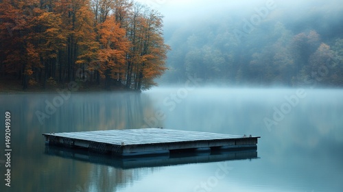 Mystical Autumn Landscape: Tranquil Lake, Misty Forest, and Floating Dock