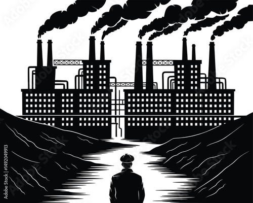 Industrial Pollution Silhouette Art, Factory Emissions and Environmental Concept,