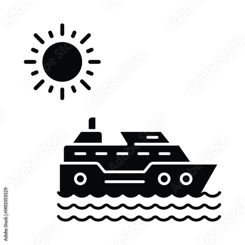 Black silhouette of a boat on the sea with the sun