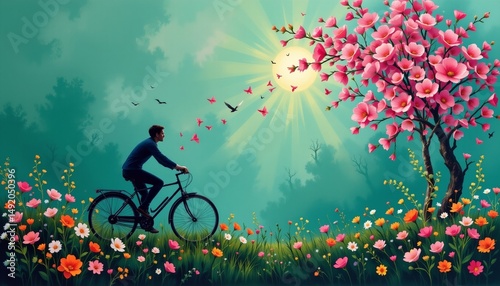 a romantic painting of ,no text, no logo cycling, positioned left, emerald green background photo