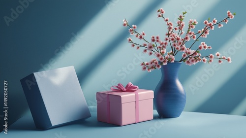 A beautifully composed still life featuring cherry flowers in a stylish blue vase, next to a neatly wrapped pink gift box on a smooth blue surface. 