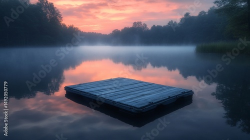 Serene Lake at Dawn: Misty Waters and Wooden Dock Reflecting Pink Sky