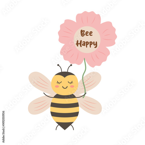 Cute bee holds a flower with text bee happy. Vector illustration isolated on white background.