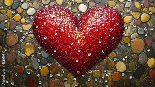 Sparkling Red Heart on Painted Stone Background Close Up Artful Valentine's Day Symbol of Love and Affection