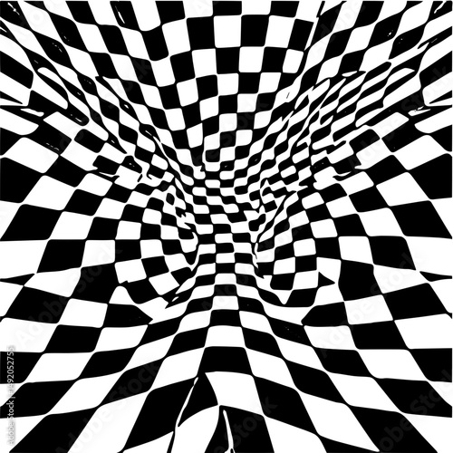 Wavy checkerboard pattern, distorted perspective, optical illusion effect