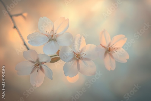 Soft-focus cherry blossoms on delicate spring branches, bathed in warm sunlight against a dreamy, pastel-toned abstract background. 
