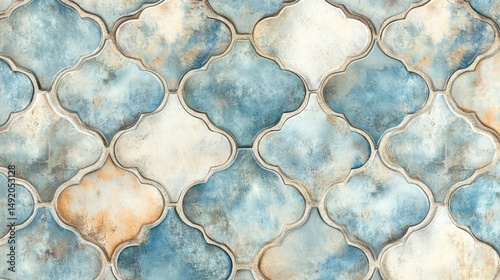 Patterned wallpaper featuring an abstract design of overlapping circles in blue, gray, and beige tones.